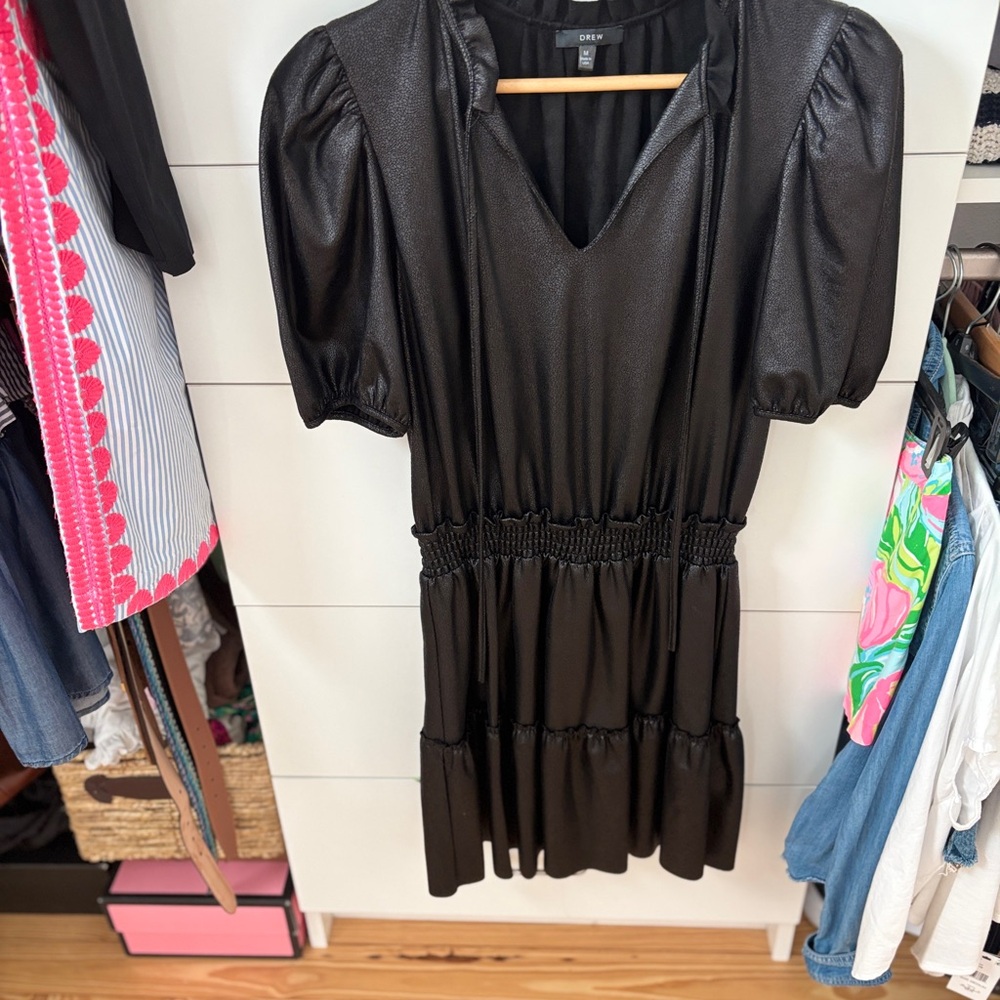 DREW Black Ruffled Tiered Mini Dress with Puff Sleeves